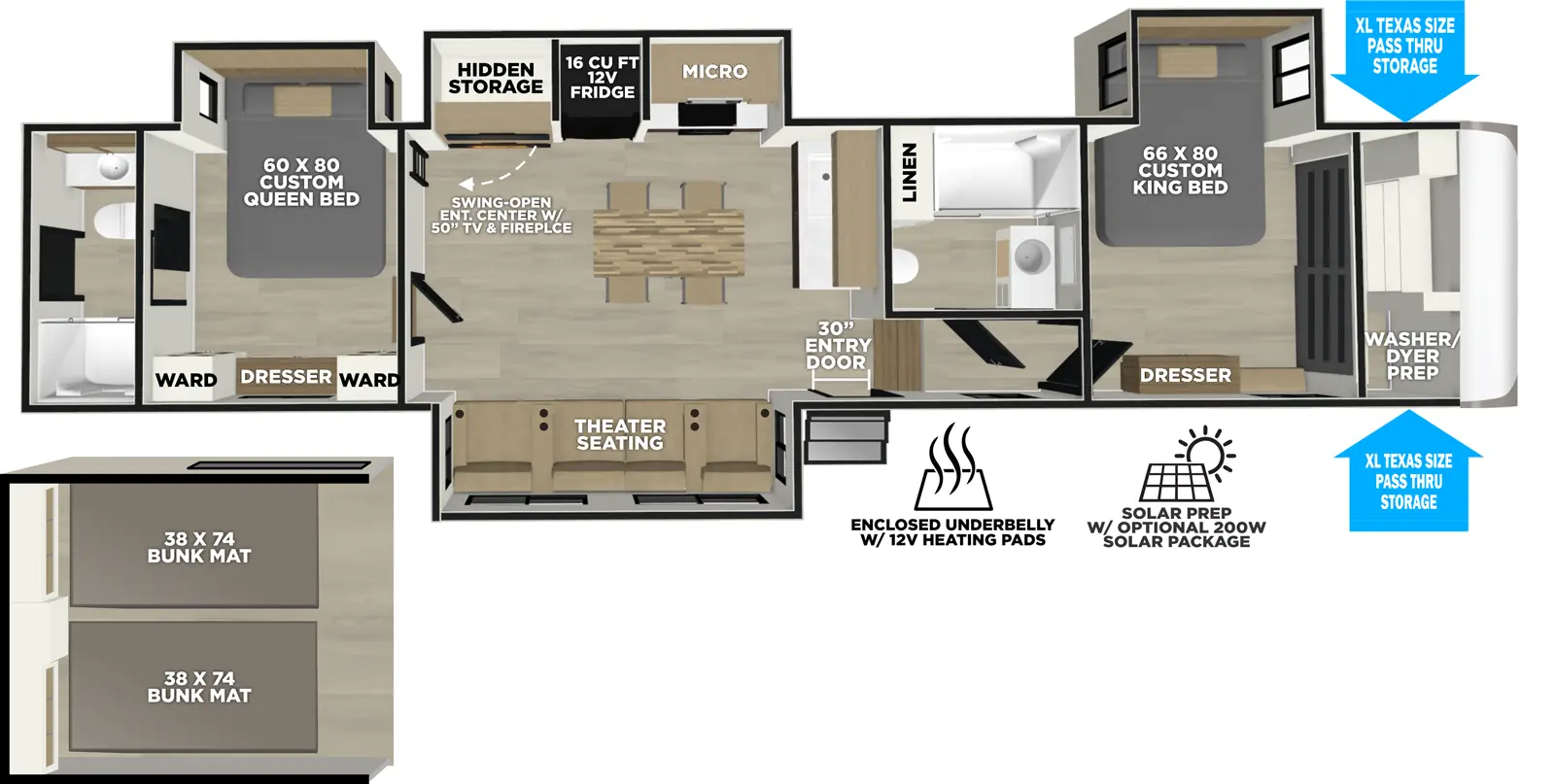 The Hemisphere Fifth Wheels 376FAM floorplan has two entries and four slide outs. Exterior features include: fiberglass exterior. Interiors features include: loft, kitchen island, front bedroom, two bedrooms, rear bathroom and two full bathrooms.